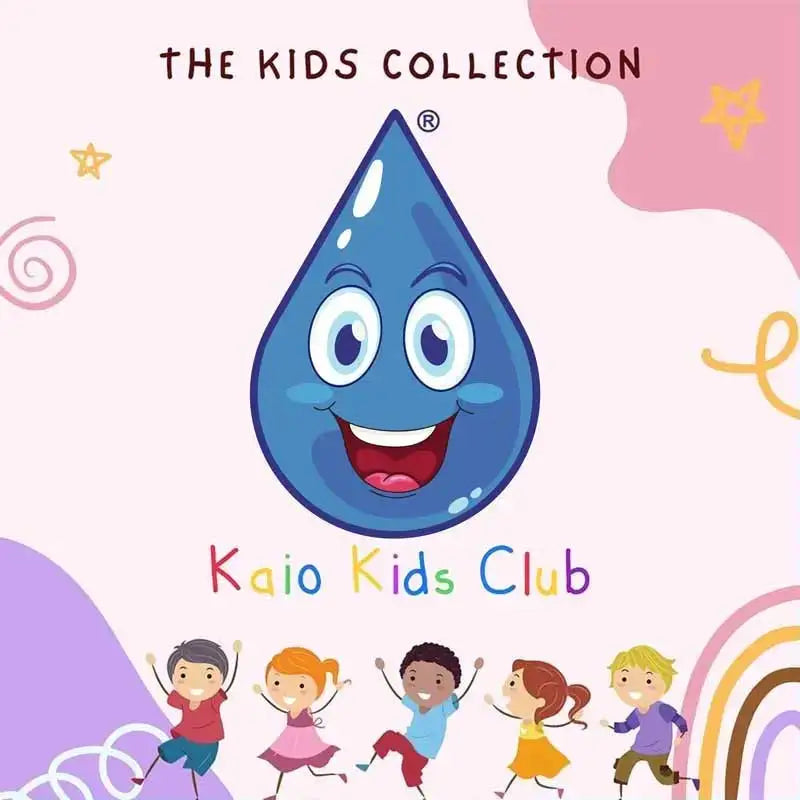 The Kids Collection" logo with a smiling blue water drop, "Kaio Kids Club" text, and five diverse children dancing below.