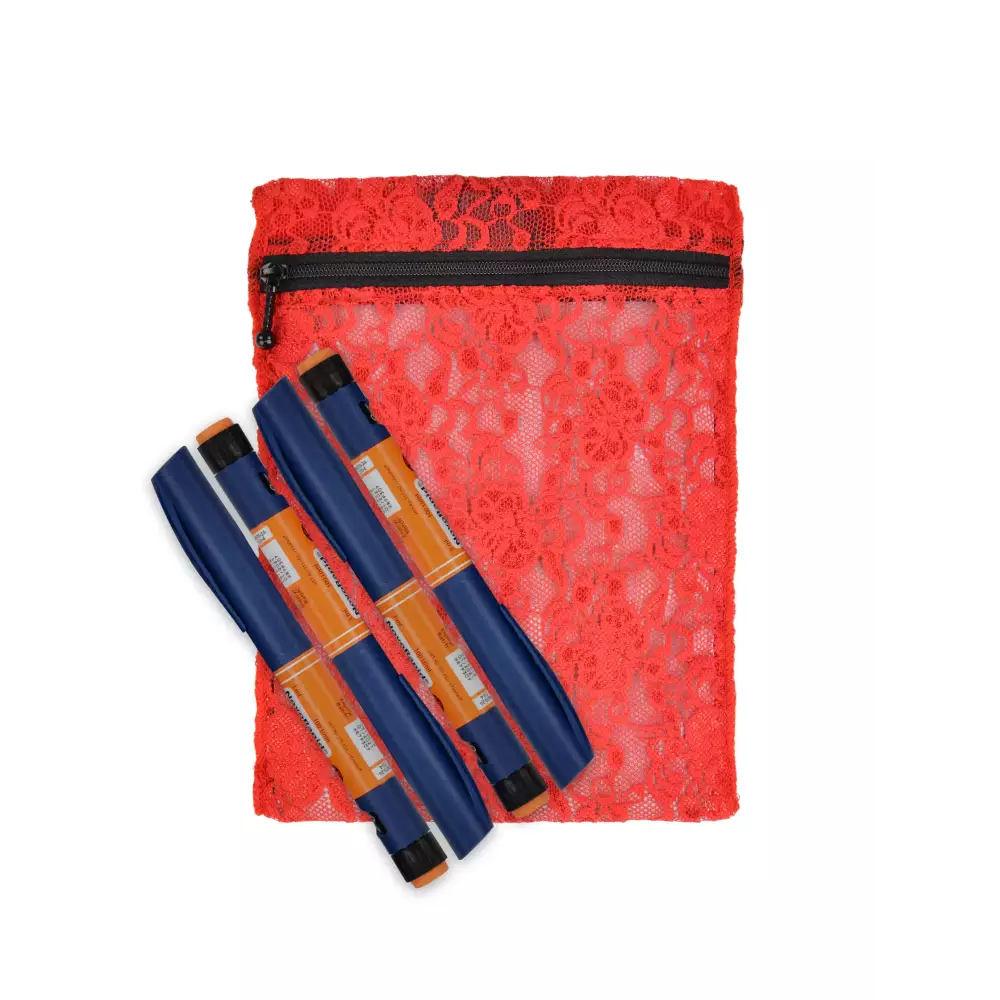 Red lace insulin cooling wallet designed for 4 insulin pens or 8 vials with zip closure and cooling packs