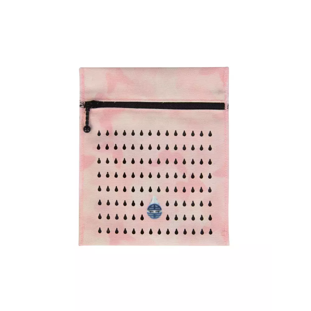 Insulin cooling wallet for vials or eye drops, featuring pink and black raindrop design with zipper closure.