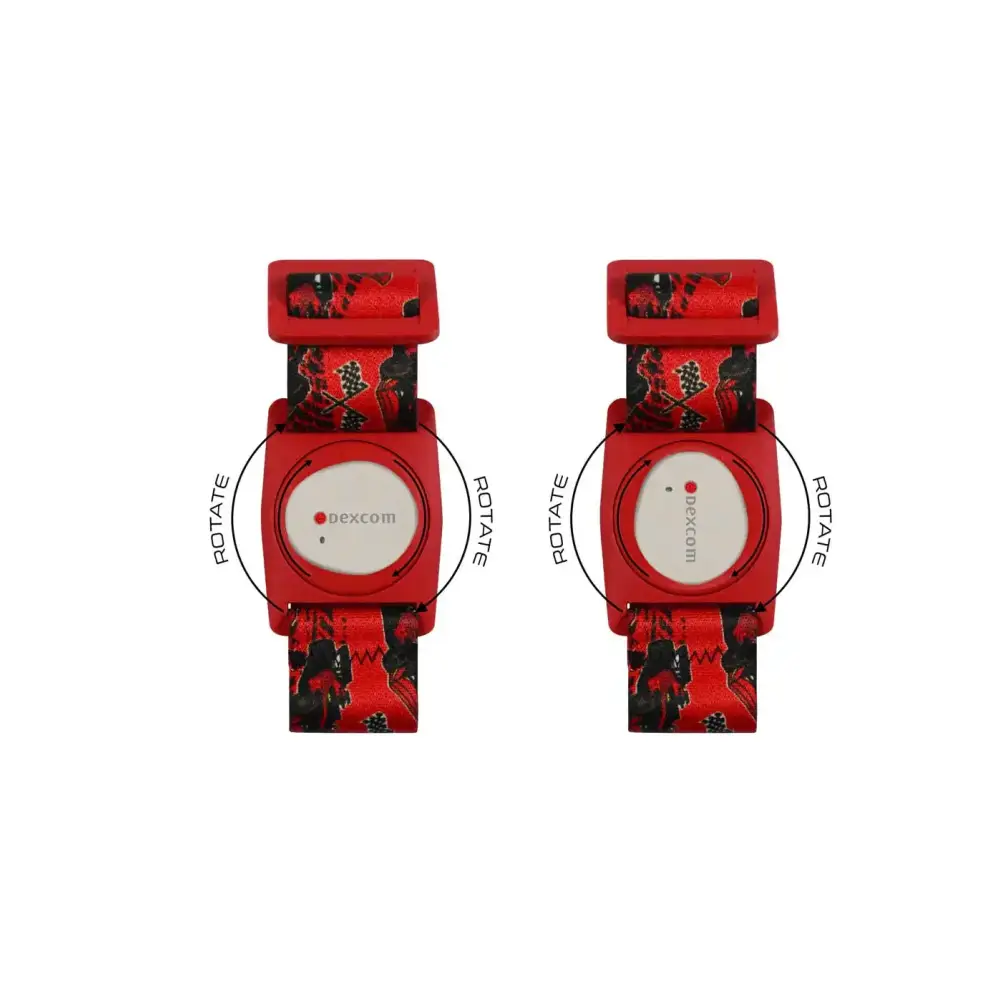 Red wristwatch with patterned strap showcasing the Dia-Style Kiddy armband for Dexcom G7 sensor