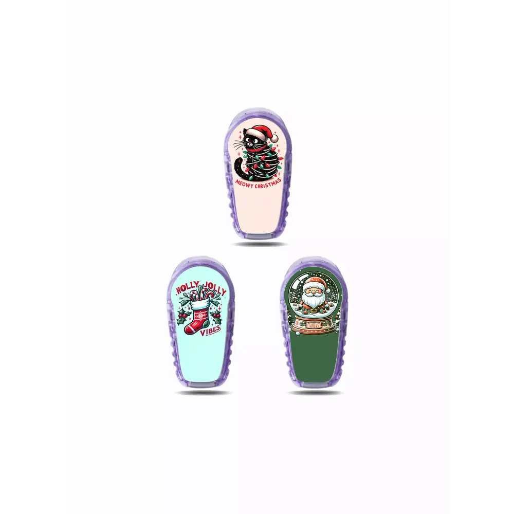 Three festive decorative nail files featuring Dexcom G6 Stickers for Christmas 2024