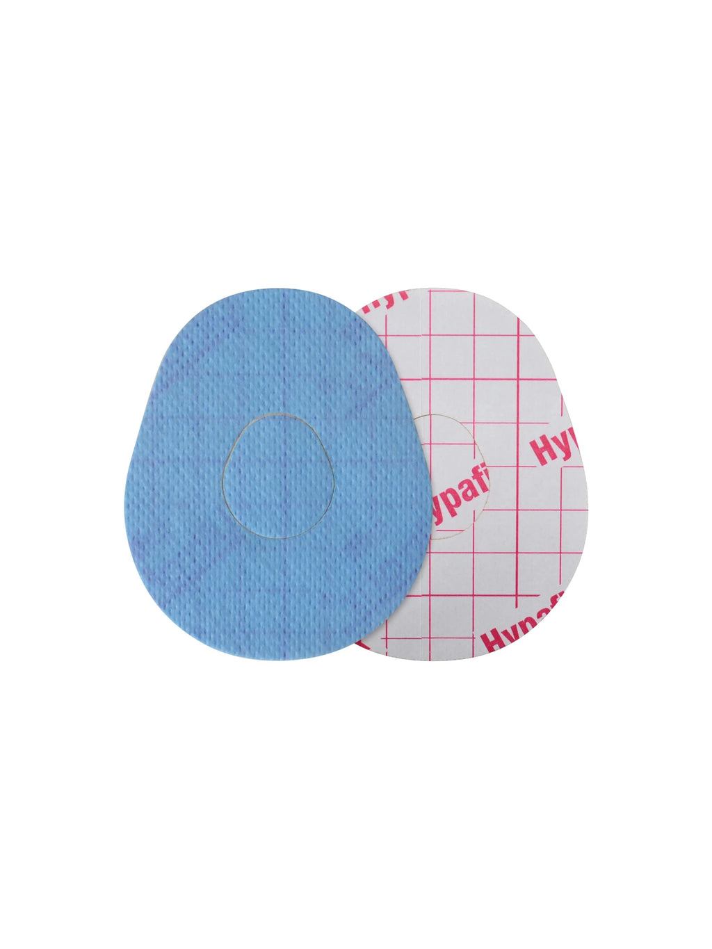 Patch adhésif Dexcom G7, forme goutte, recto et dos avec film protecteur