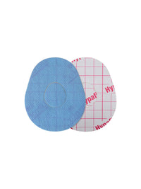 Patch adhésif Dexcom G7, forme goutte, recto et dos avec film protecteur
