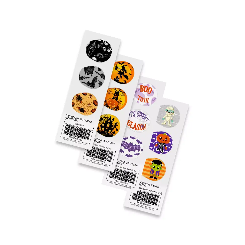 Halloween 2024 Dexcom G7 stickers with festive designs, including haunted scenes and Halloween characters, in durable vinyl.