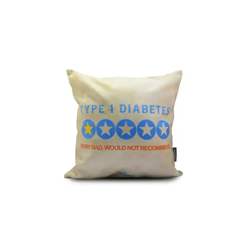 Diabetes Awareness Pillow Cover with humorous Type 1 Diabetes design, 40x40 cm.