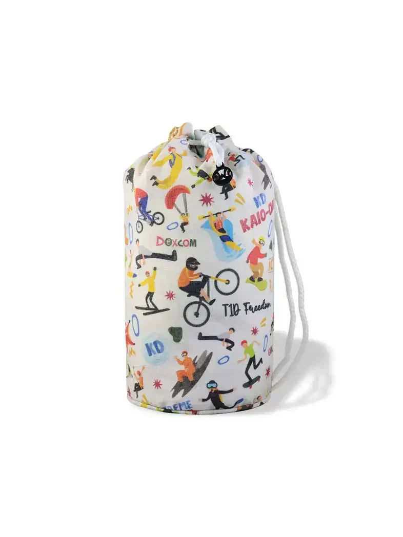 Diabetes-themed Dia-Bucket Bag with colorful illustrations, designed for children and teenagers.