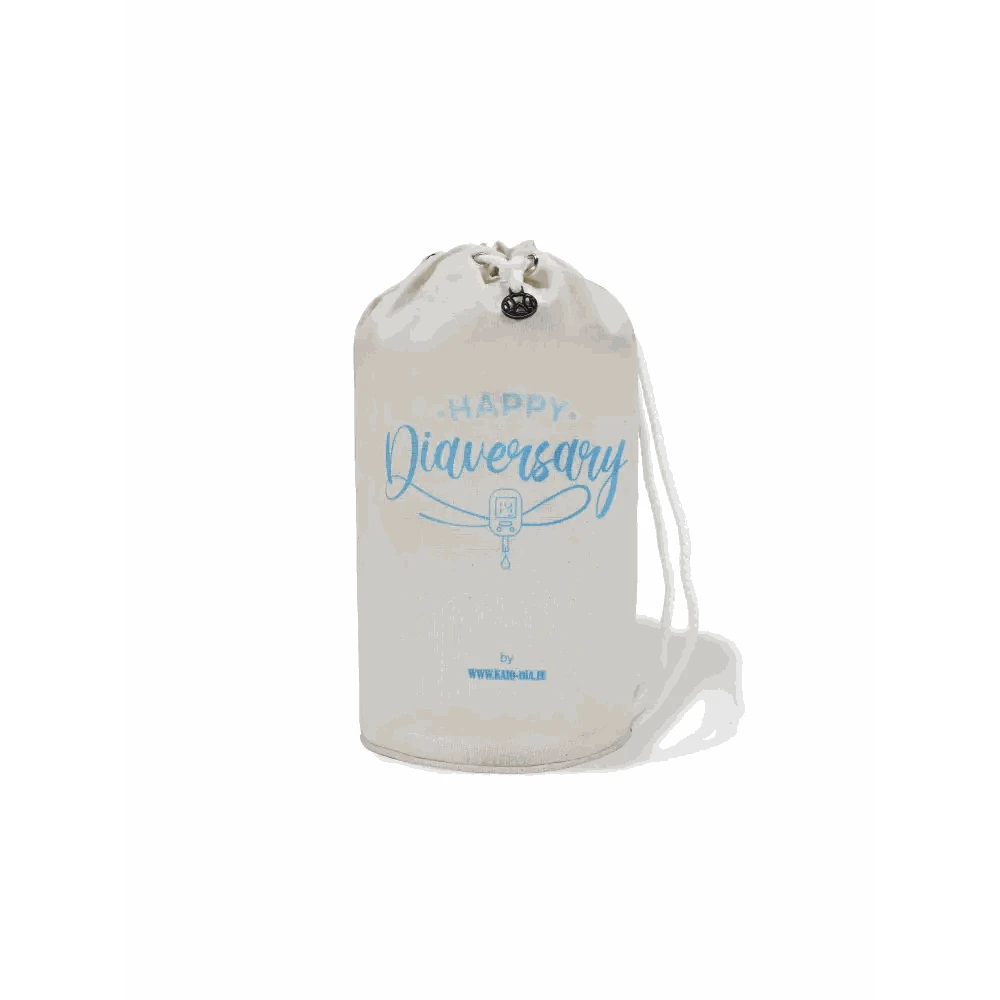 Kaio-Dia Diaversary Small Bucket Bag with 'Happy Diaversary' print, durable cotton with drawstring closure, compact size.