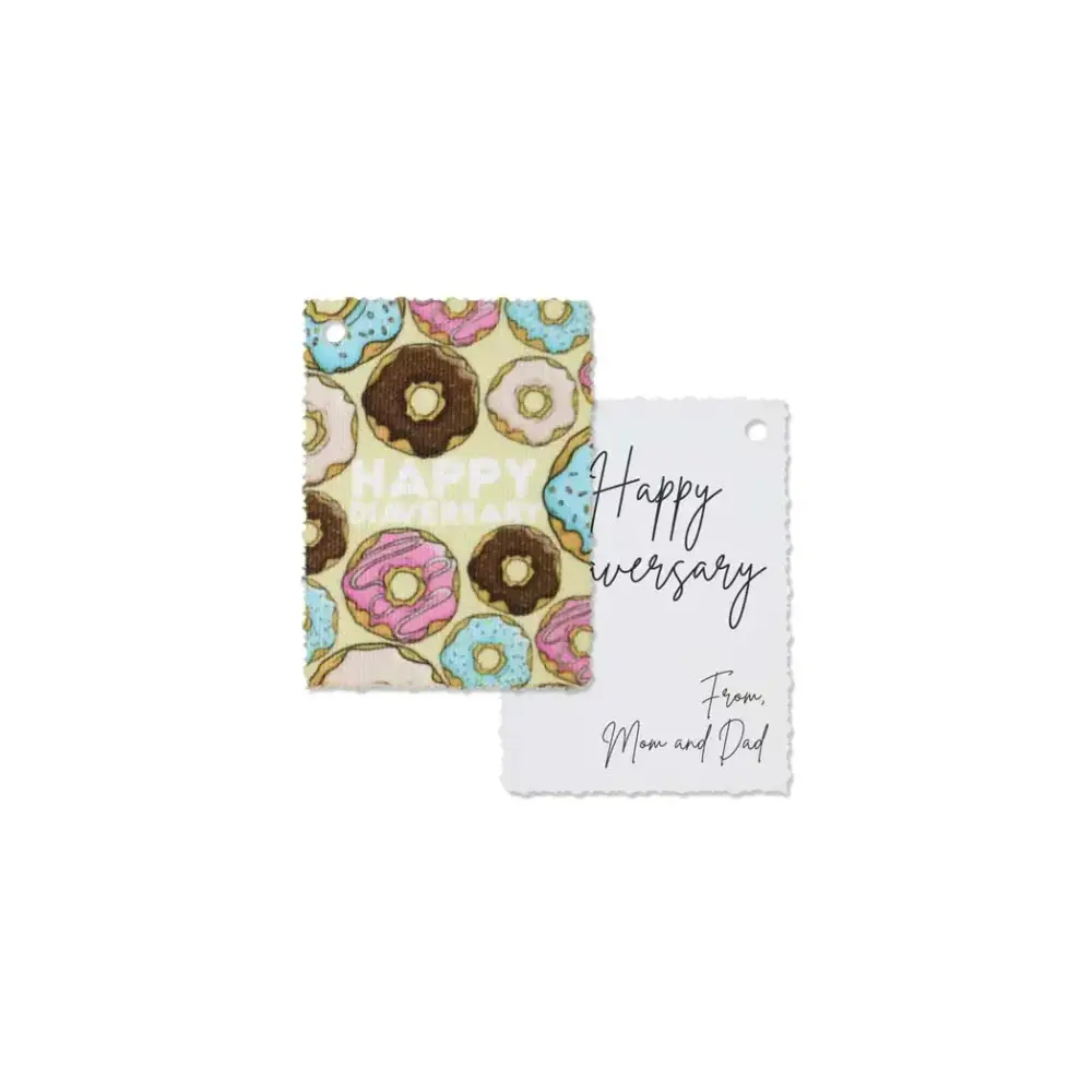 Diaversary gift tags with vibrant designs and personalized messages.