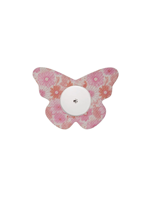 FreeStyle Libre 2 butterfly shape patch in Flower Serenade design, breathable adhesive overpatch to help support sensor wear