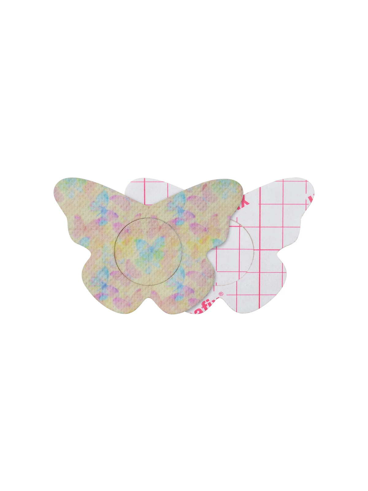 Patch adhésif FreeStyle Libre 2, forme papillon, recto et dos avec film protecteur