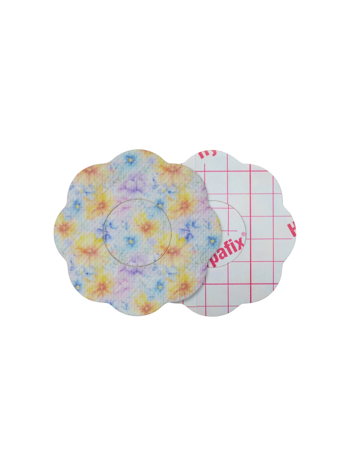 Patch adhésif FreeStyle Libre 2, forme cookie, recto et dos avec film protecteur