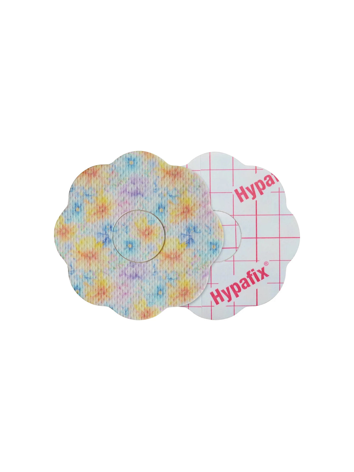 Patch adhésif FreeStyle Libre 3, forme cookie, recto et dos avec film protecteur