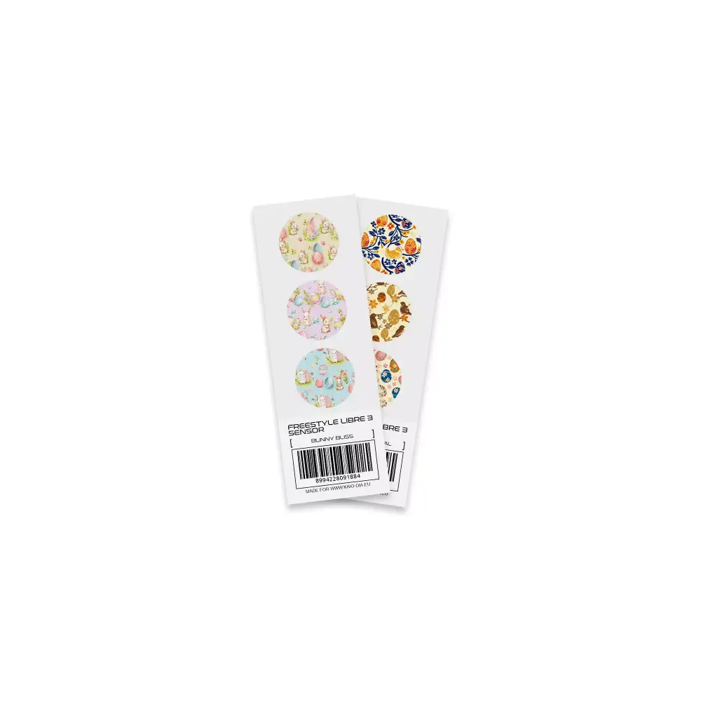 Two sticker sheets featuring circular bunny designs for Freestyle Libre blood glucose monitors