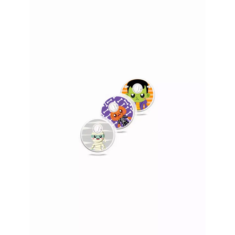 Halloween 2024 Freestyle Libre 3 stickers with festive designs featuring Halloween characters.