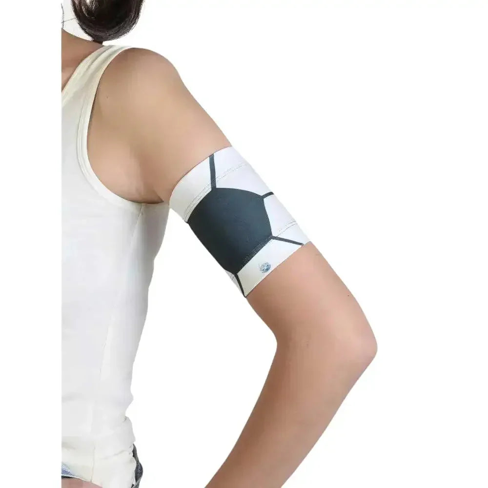 Children's armband for holding and protecting blood glucose sensors and pods, featuring stretchy design and fun patterns.