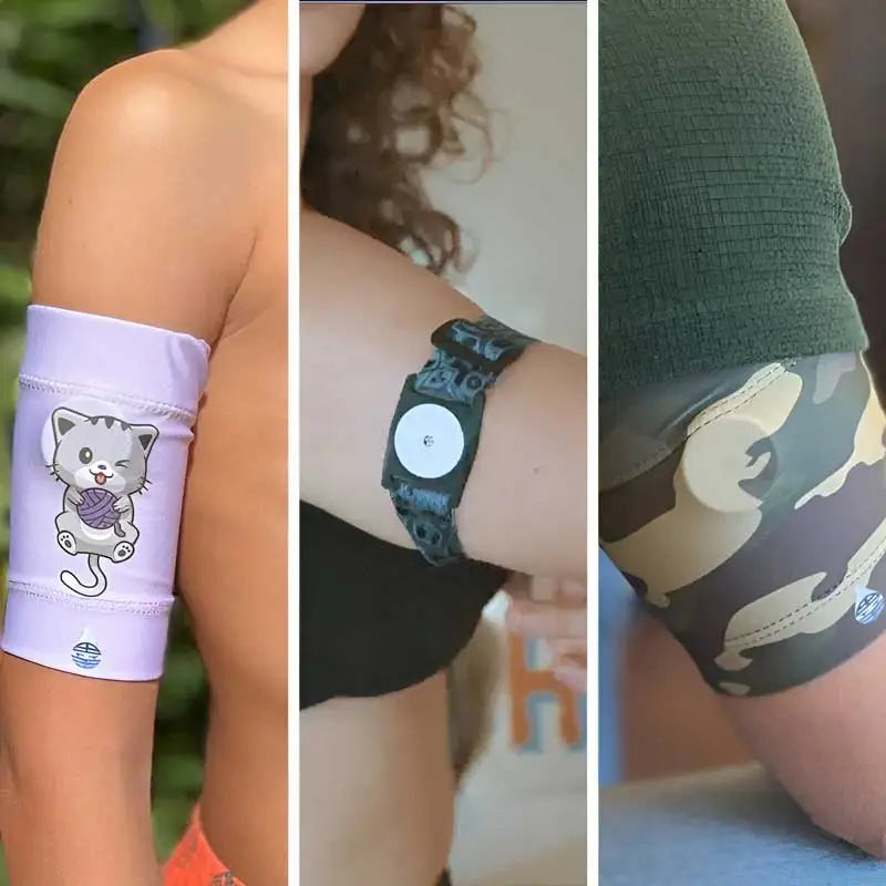 Three people wearing various glucose sensor armbands: a purple one with a cat, a black patterned one, and a camouflage style.