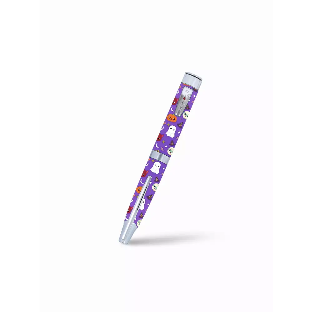 Humapen Luxura Stickers - Halloween creatures theme with cute characters like pumpkins, ghosts, and Frankenstein on a purple background.