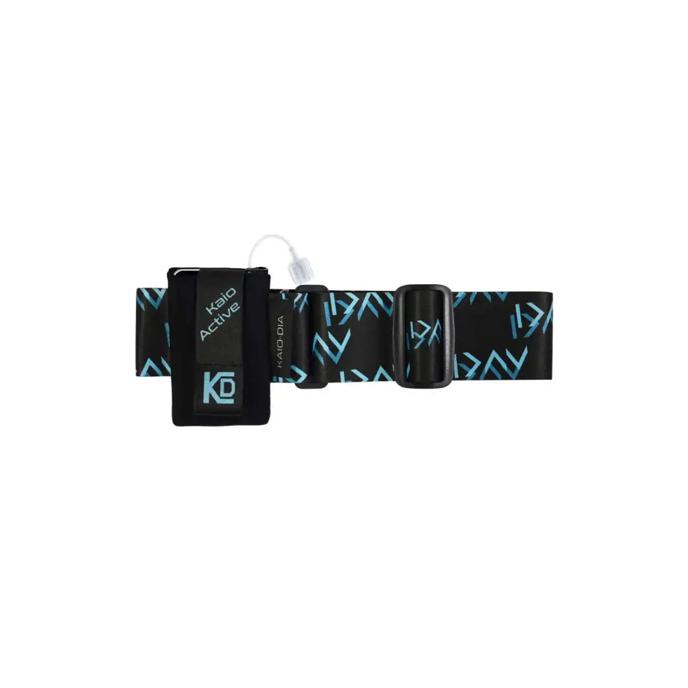 Insulin pump leg band with neoprene pouch for active diabetics, sleek black design with adjustable elastic strap.