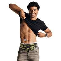 Insulin pump belt with two pockets in stylish camouflage design worn comfortably.