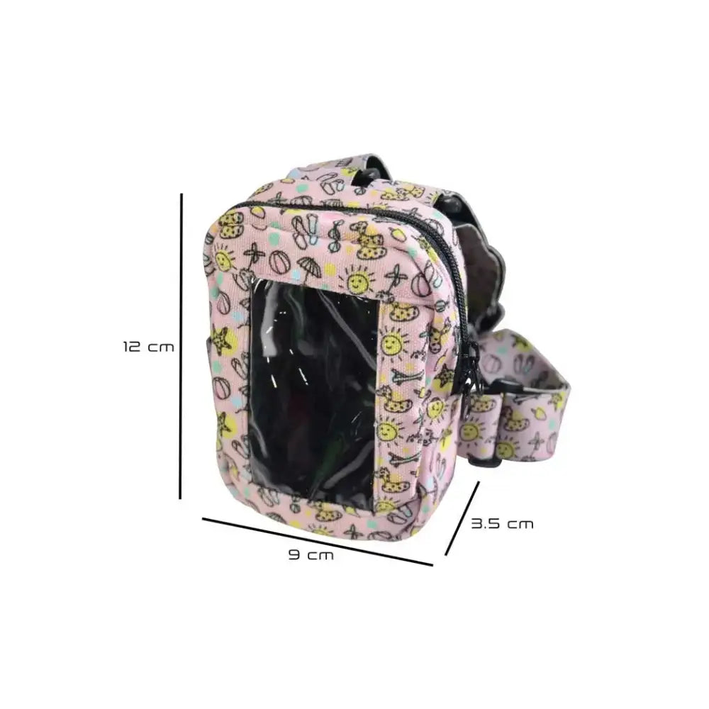 Insulin pump harness with window for children, pastel design, adjustable straps, secure pocket.