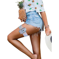 Insulin pump pouch with loop and strap in vibrant pop color, attached to leg; part of Dia-Mini Pouch Summer Vibes Collection.