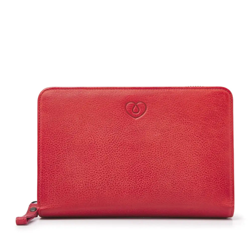 Red leather diabetic travel case with zip closure, ideal for organizing Type 1 diabetic supplies.