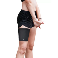 Insulin pump leg band Dia-Legband Basic worn on thigh, black color, discreet design for carrying insulin pumps and smartphones.