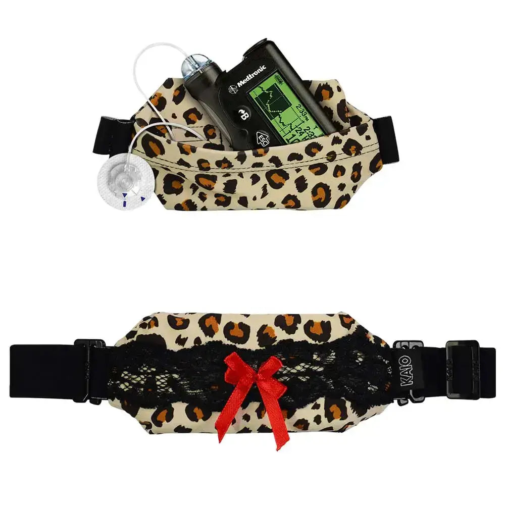 Elegant insulin pump body pouch with lace design and bow for secure and stylish management.