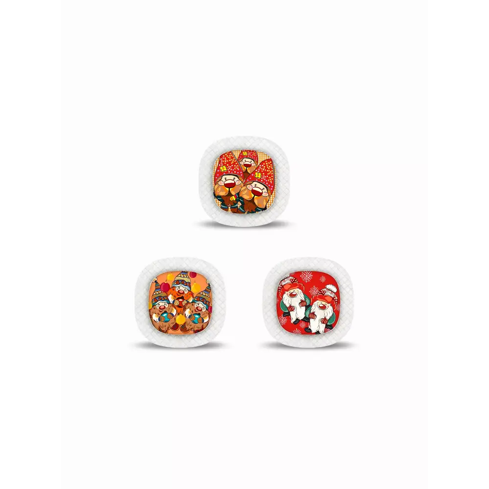 Three small bowls of colorful candies near Medtronic Simplera CGM Stickers Christmas 2024