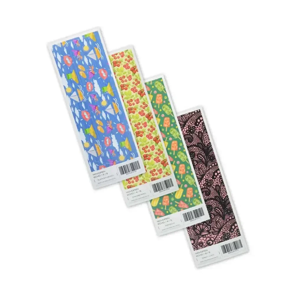 Novopen Echo insulin pen stickers for kids, featuring vibrant Summer Vibes designs with tropical fruits and playful patterns.