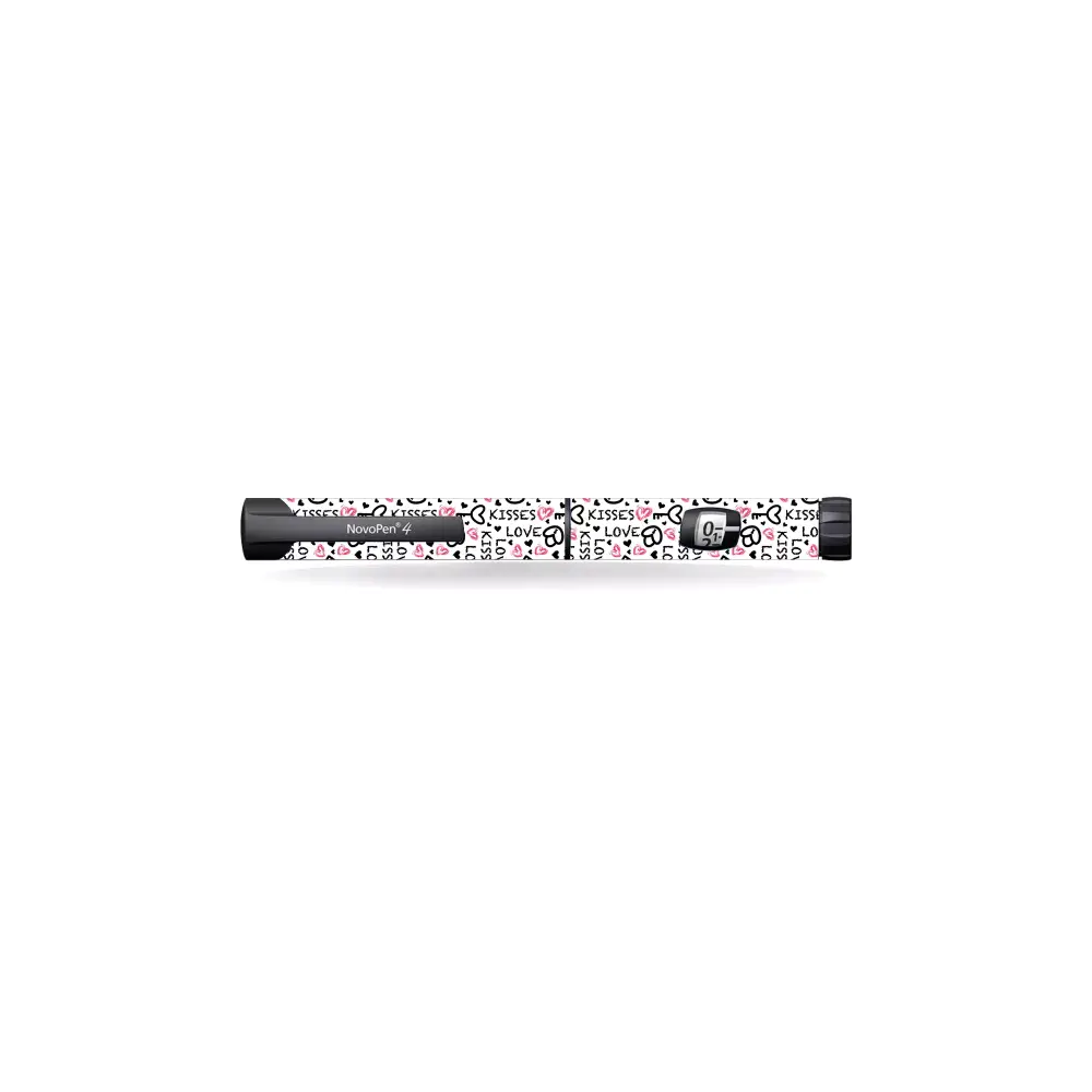 Valve-themed Novopen Echo sticker with hearts and love motifs for insulin pen.