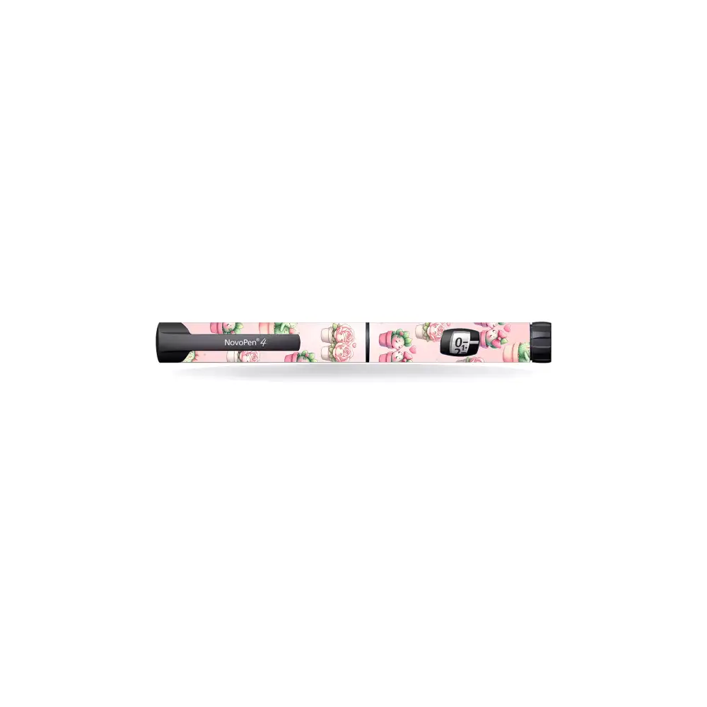 Novopen Echo insulin pen with Valentine 2025 stickers featuring floral and pink designs.
