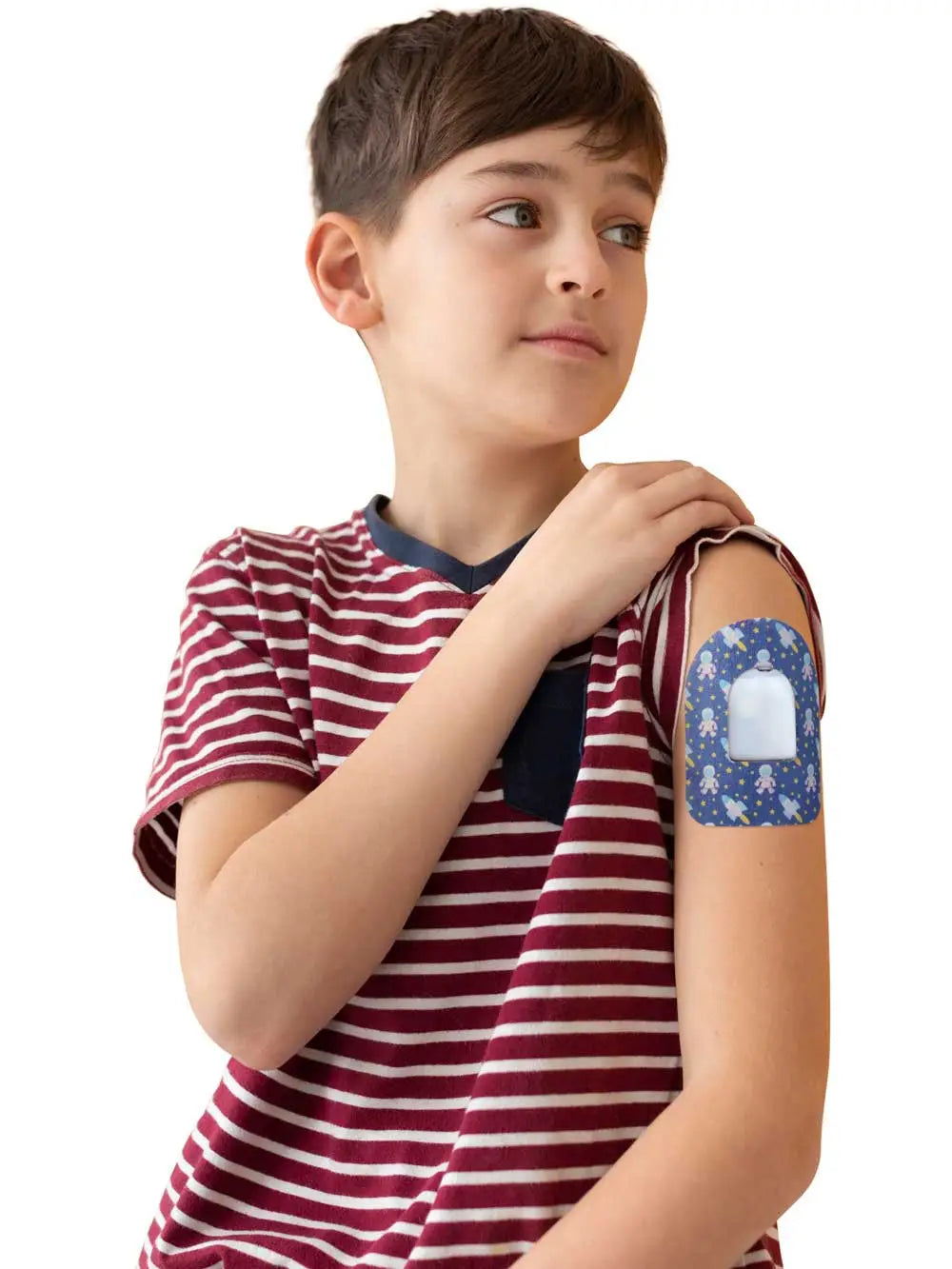 Patch adhésif pour pod Omnipod, motif Astronaut, porté par un garçon