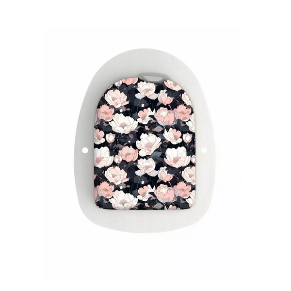 Omnipod POD Sticker with floral design on dark background, spring edition 2025.