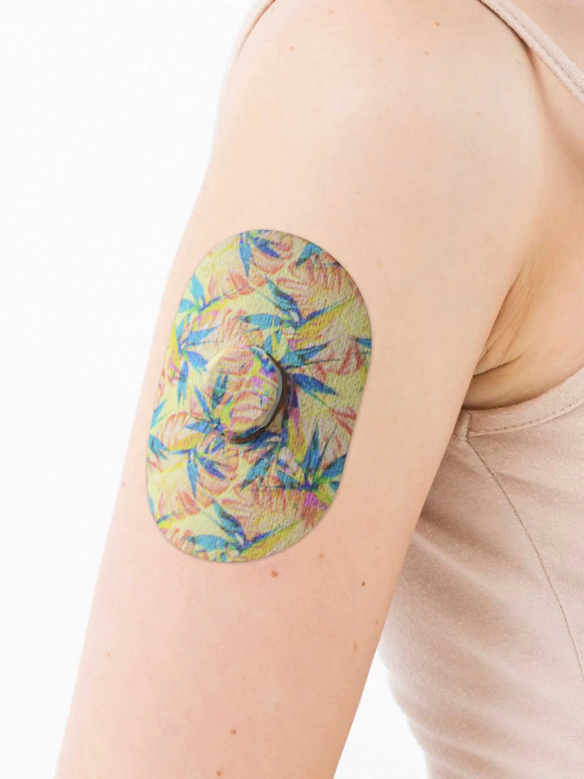 Patch adhésif Dexcom G7, motif Tequila Sunrise, sur le bras