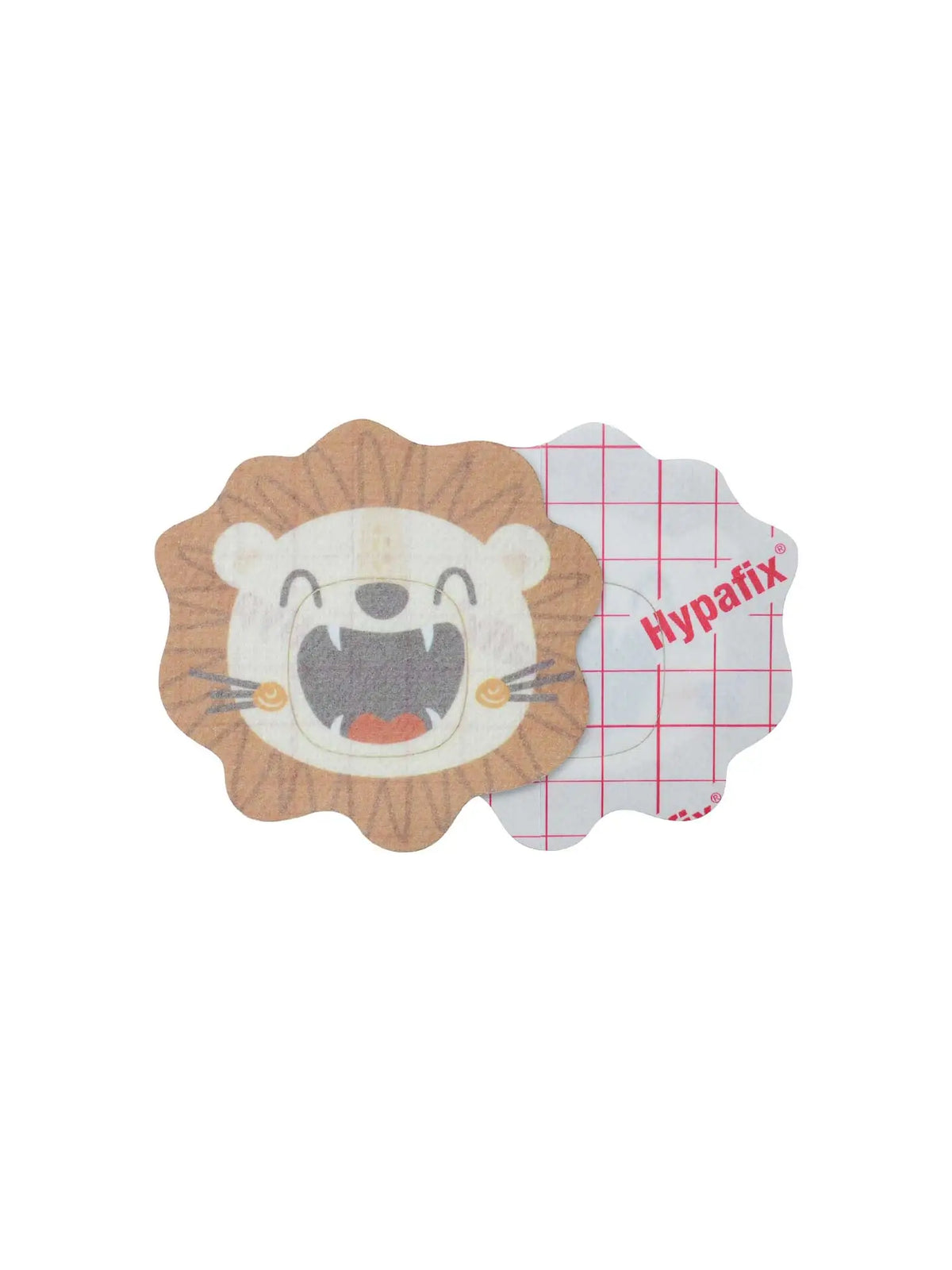 Patch adhésif enfant Simplera Sync, forme lion, recto et dos avec film protecteur