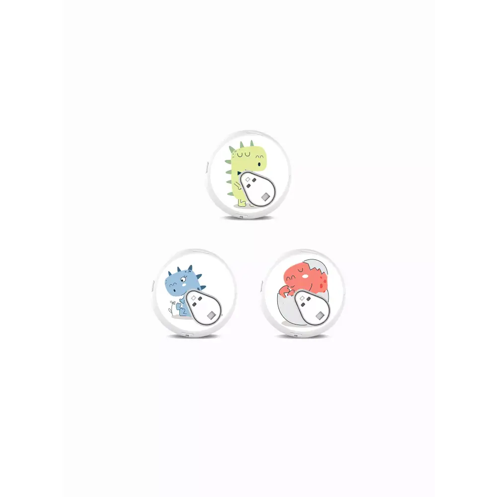 Sinocare iCan i3 CGM Stickers in Fun Vibes Cute Dino design. Customize your CGM sensor with adorable dinosaur patterns. Set includes 3 stickers.
