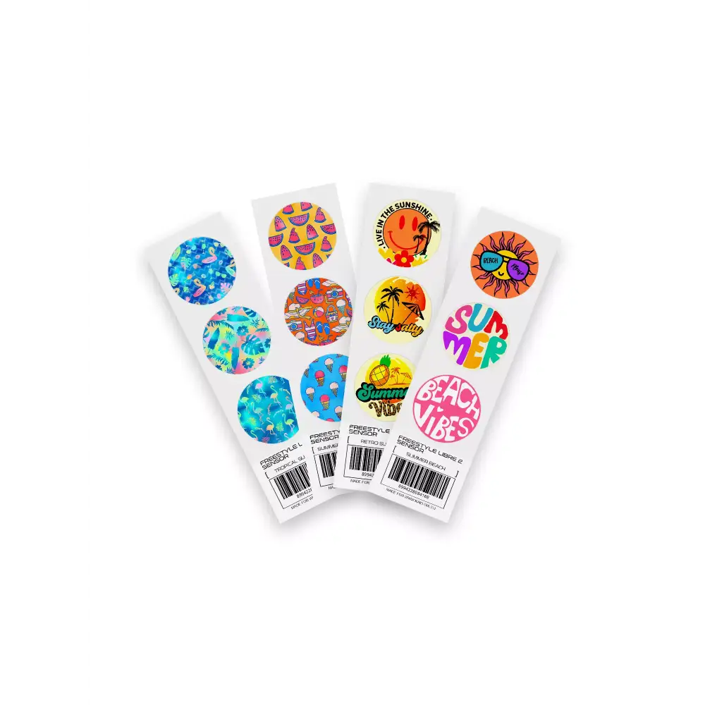 Freestyle Libre 2 Stickers Summer Edition featuring tropical and floral designs for sensor protection.