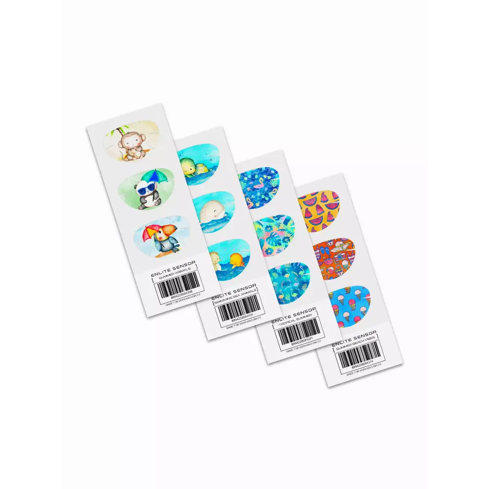 Summer-themed Guardian Enlite Stickers with vibrant designs, offering protection and style for diabetes sensors.