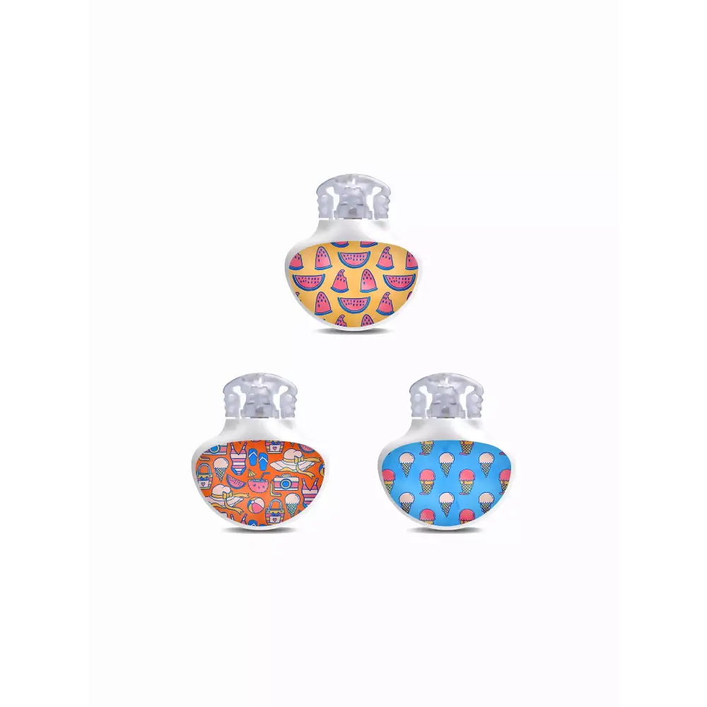 Vibrant Guardian Enlite Stickers - Summer Edition with colorful designs featuring watermelon, ice cream, and tropical patterns for sensor protection.