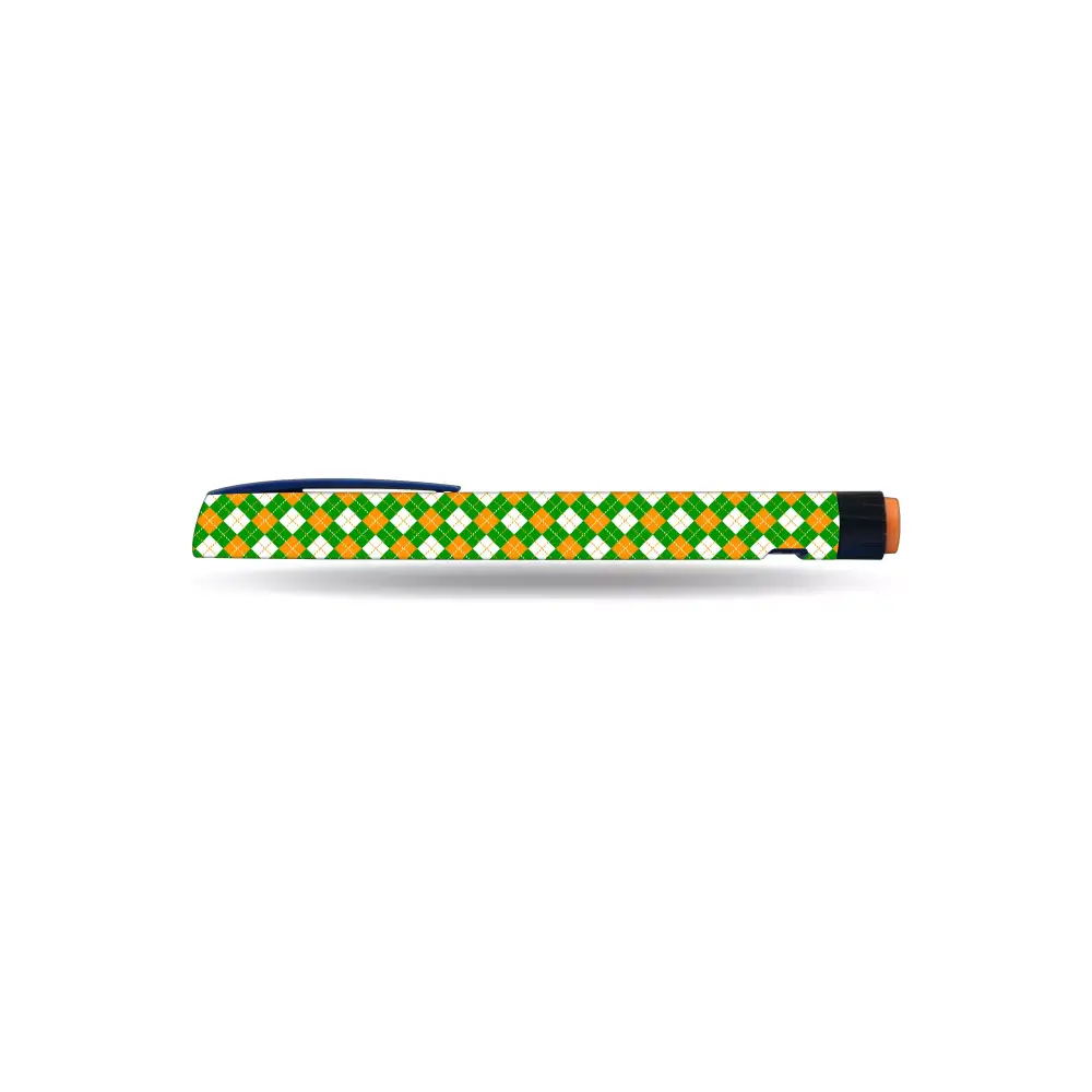 NovoRapid FlexPen with St. Patrick's Day gingham pattern sticker, durable and festive.