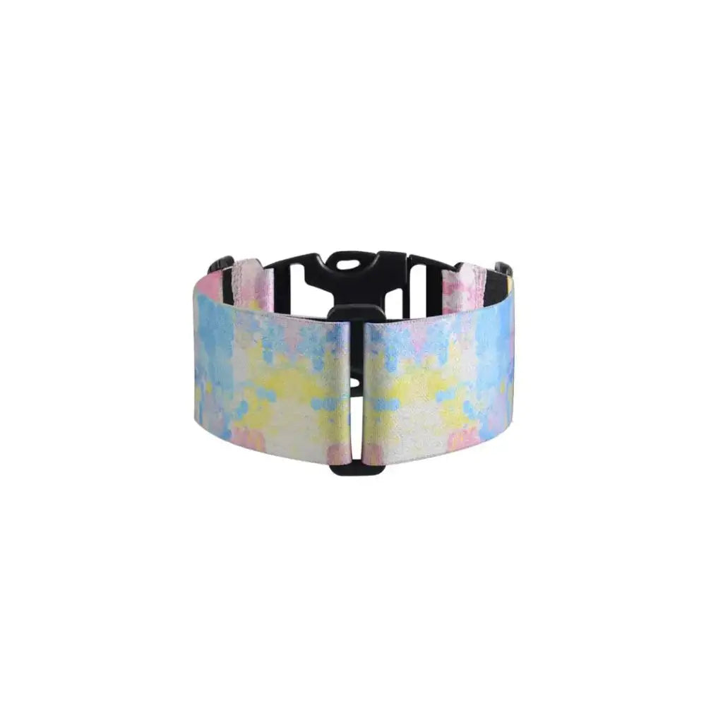 Insulin pump leg band in vibrant summer colors, adjustable and soft for women's comfort.