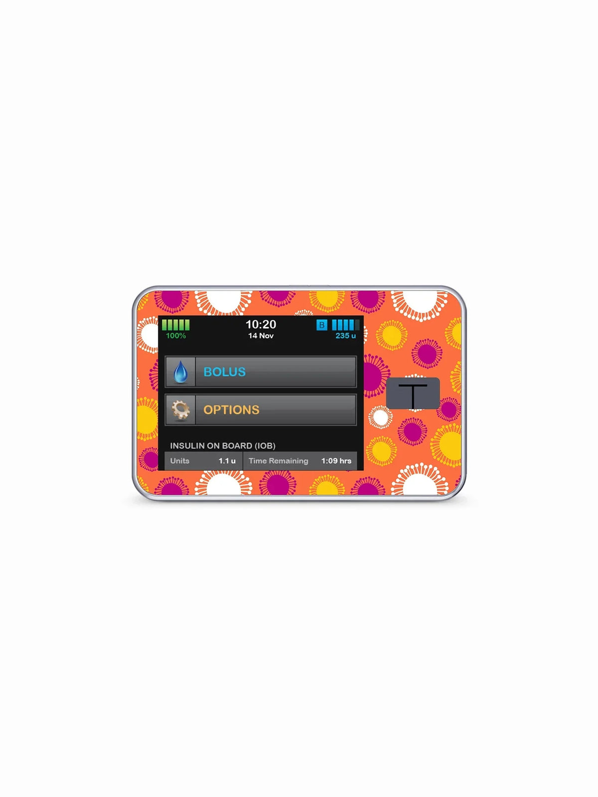Tandem T slim insulin pump with Summer Edition sticker featuring colorful sunlit patterns.