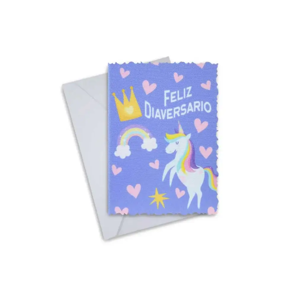 Diaversary card with unicorn and rainbow design, including envelope.
