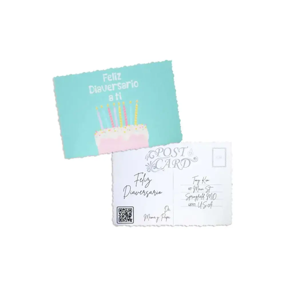Empowering Diaversary postcard with colorful cake design and blank back for a personal message.