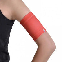 Children Blood Glucose Sensor Armband in red, designed for type 1 diabetes management, worn on arm for secure sensor placement.