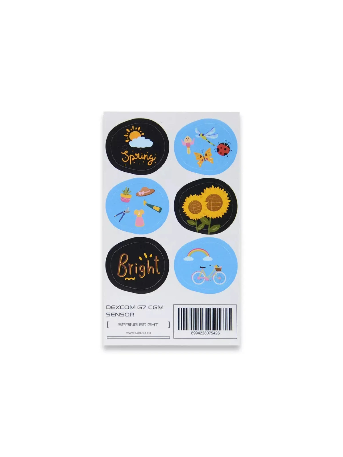 Spring-themed Dexcom G7 CGM sensor stickers with floral designs.