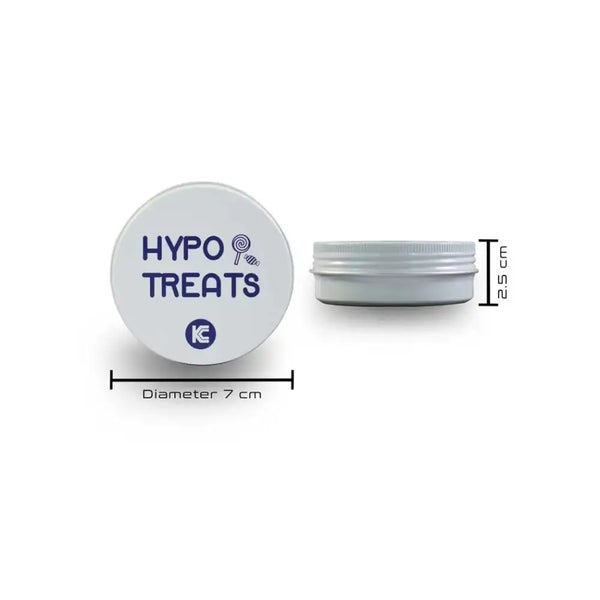 he HYPO TREATS tin container with dimensions noted (7 cm in diameter and 2.5 cm in height).
