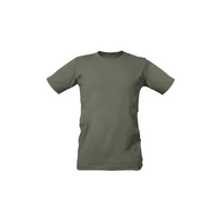 Olive green comfortable insulin pump t-shirt with side pockets and tubing holes.