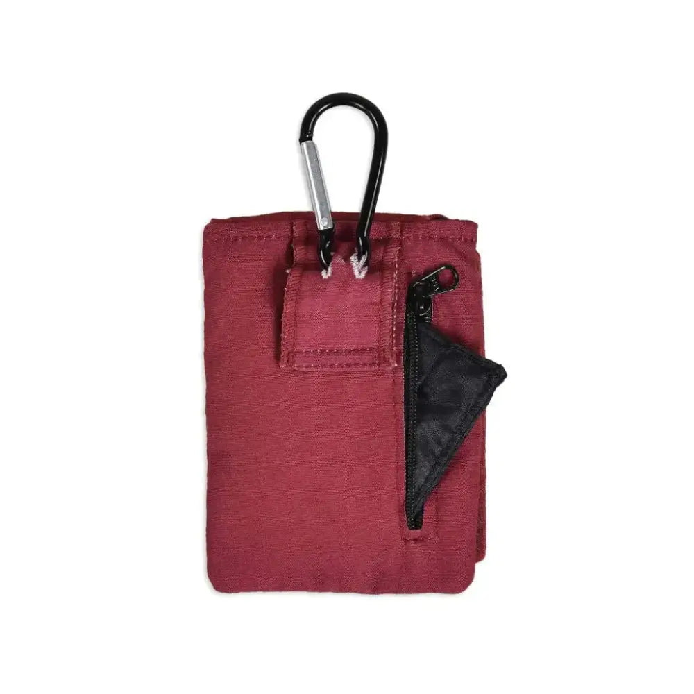 Insulin pump cooling pouch in red with carabiner and zipper pocket.